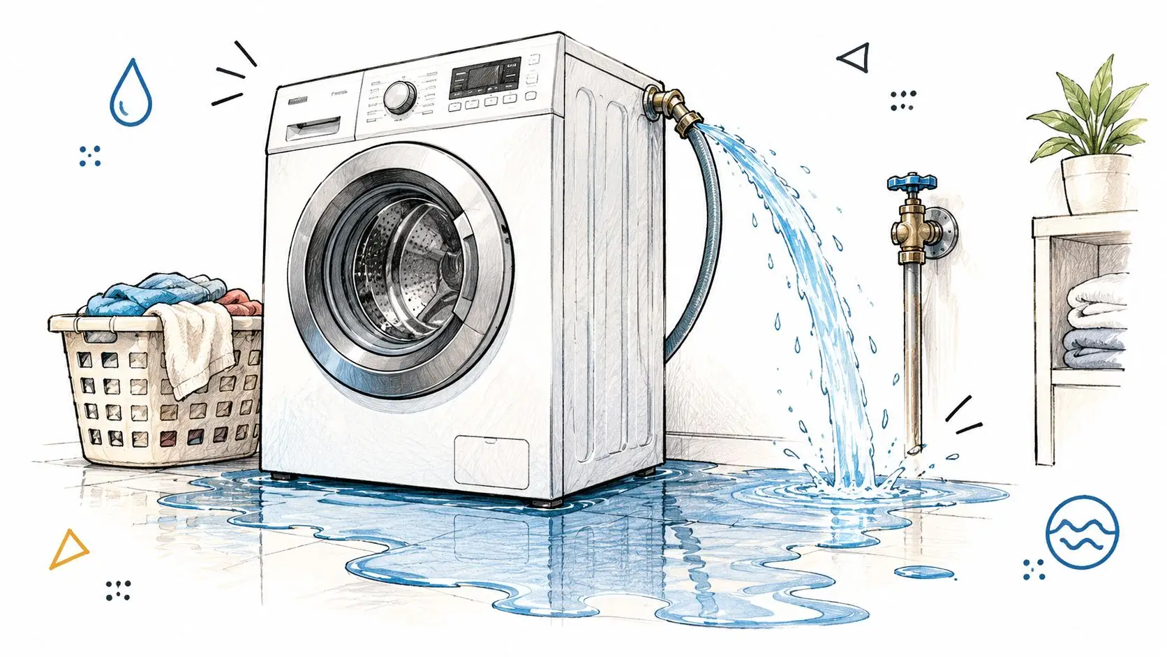 A washing machine leaking water onto the floor from a disconnected supply hose in a laundry room.