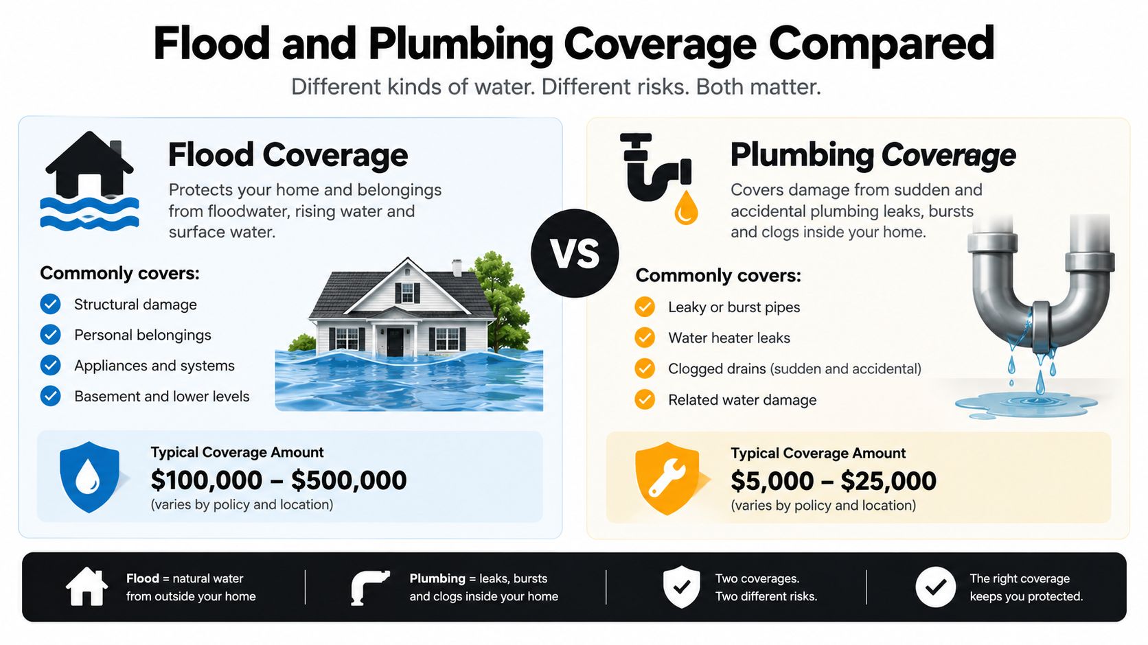 An infographic comparing the differences between flood insurance coverage and internal plumbing insurance coverage for homeowners.