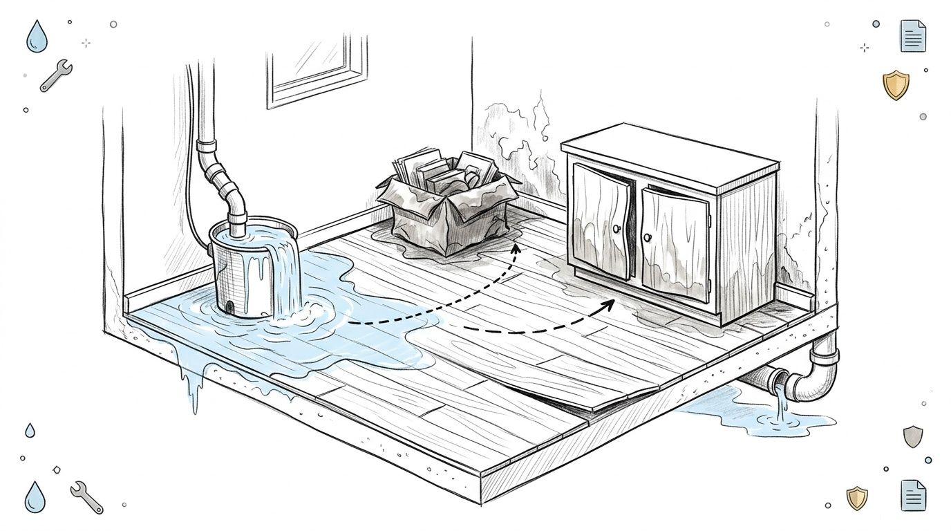 A line art illustration showing water leaking from a pipe and damaging floor, furniture, and boxes indoors.