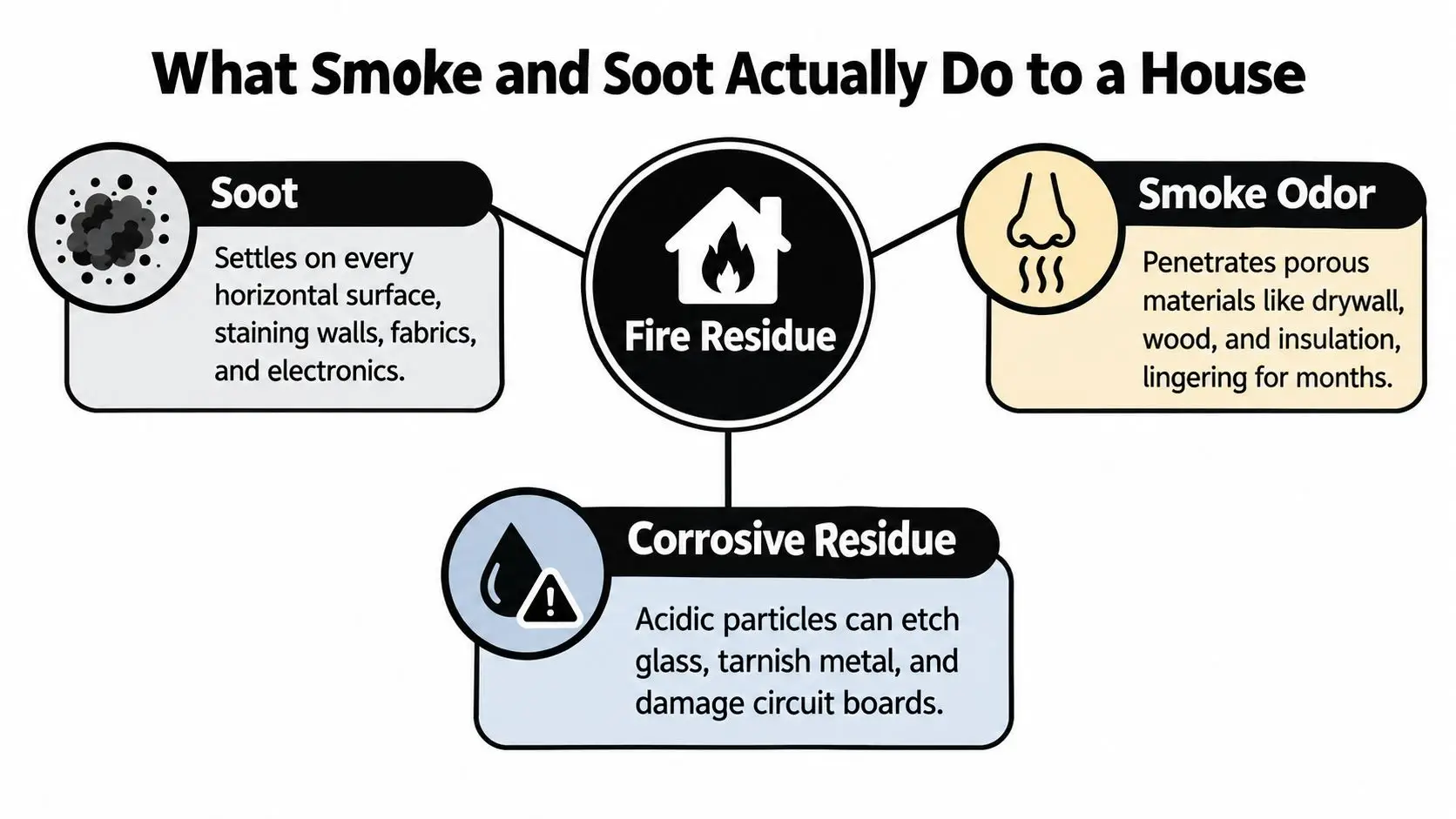 An infographic detailing the damaging effects of fire residue, including soot, smoke odors, and corrosive residues.