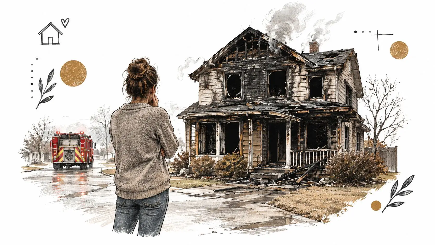 A woman stands looking at her badly fire-damaged house while a fire truck waits on the street.