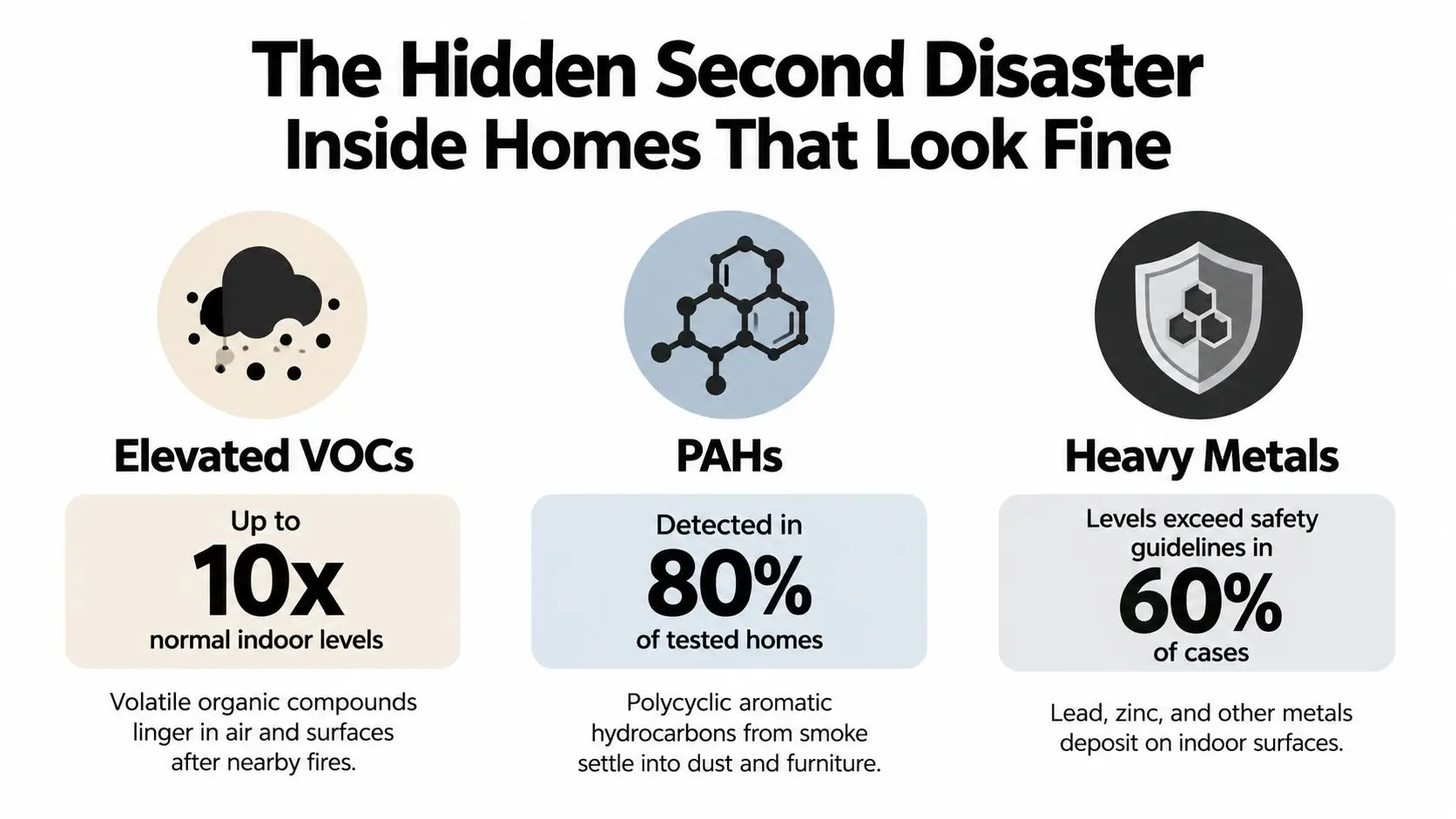 An infographic detailing the hidden dangers of lingering toxic pollutants like VOCs, PAHs, and heavy metals in homes after fires.
